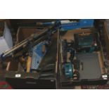 Two boxes of hand and power tools including Black and Decker, mitre saw, bit and brace, saws,