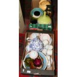 Two boxes of miscellaneous pottery, china and flatwares including a Laura Ashley tea service,