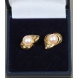 A pair of 9ct gold cultured pearl and diamond earrings.