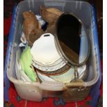 A box of mixed ceramics to include Wedgwood, Sylvac, Carltonware, Royal Doulton, wooden carved owls,