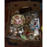 A box of mixed glass and crockery including antique examples and hand painted Dresden soup bowl etc.