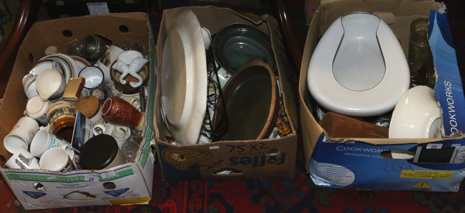 Three boxes of ceramics and glass to include Alfred Meakin, Royal Doulton teawares, Sylvac,