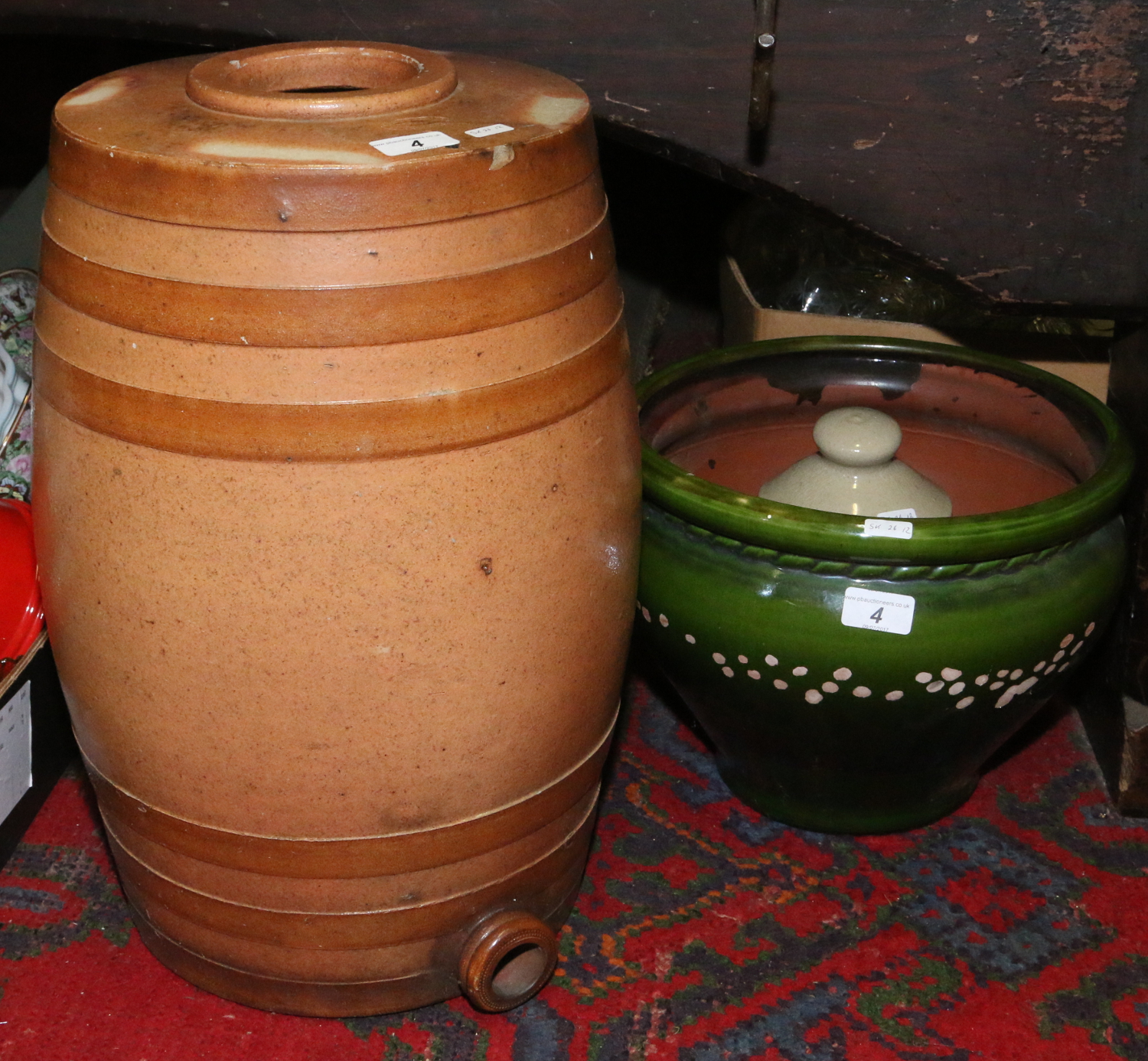 A large Lambeth salt glaze flagon together with a large green glaze planter (AF) and a stoneware