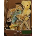 Five plush teddy bears including Merrythought and Stonegate along with a Steiff model of a fish.