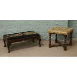 An upholstered piano stool raised on cabriole supports,