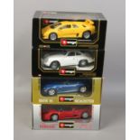 Four boxed Burago 1/18 scale Diecast model vehicles including Porsche, Lamborghini, BMW and Ferrari.