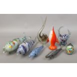 A collection of Murano style fish along with other art glass examples.