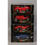 Four boxed Burago 1/18 scale Diecast model vehicles including Porsche Ferrari,