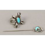 A sterling silver and turquoise tie pin and matching ring, size M.