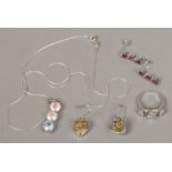 A collection of gem set silver jewellery including two pairs of earrings,