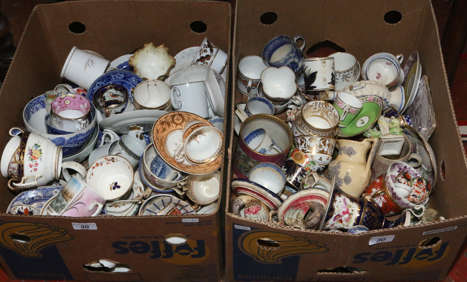 Two boxes of C19th English pottery and china, mainly teawares including Coalport and Derby etc.