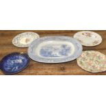 A Victorian blue and white meat plate and four other plates including Royal Crown Derby and Royal