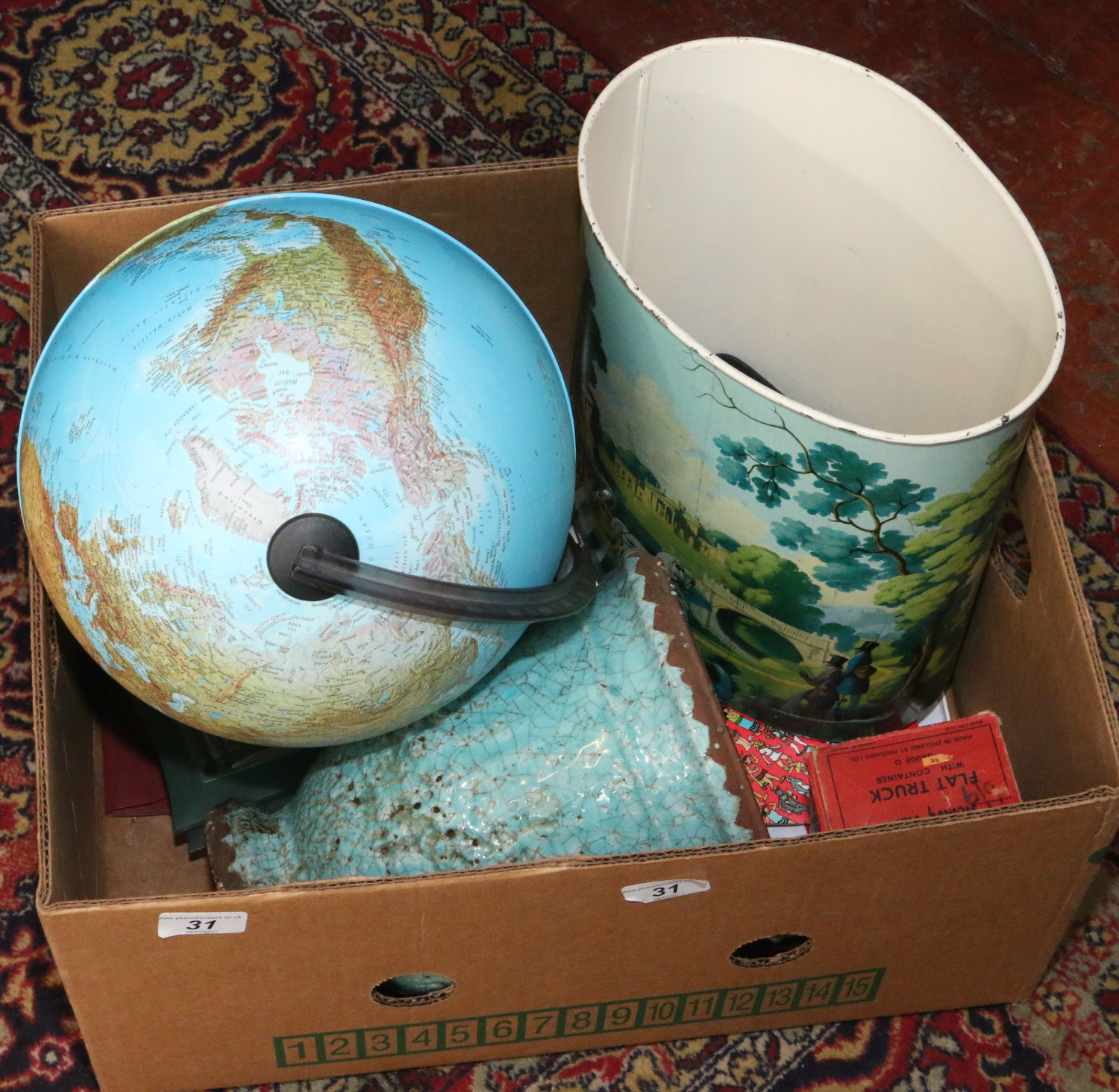 A box of miscellaneous including desk globe,