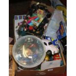 Two boxes of childrens toys to include action figures, toy cars etc.