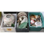 Three boxes of pottery, china and glass includes a Cantonese vase, owl ornaments,
