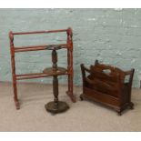 A mahogany towel rail and magazine rack along with an oak smokers stand.