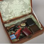 An oak box and assorted collectables including travel clocks,