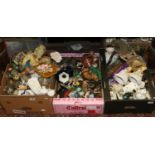 Three boxes of miscellaneous ceramics and glass ornamental wares, animal and bird figures.