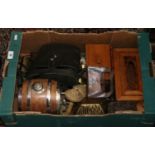 A boxed of mixed wooden items and metalwares including a pair of cased Carl Wetzlar 7x50 binoculars,