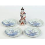 Four Japanese Imari shell moulded dishes decorated with shells, coral and waves,