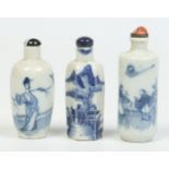 Three 19th century Chinese snuff bottles decorated in underglaze blue, one of hexagonal form.