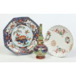 Three pieces of 18th century Chinese porcelain; an octagonal Imari palette plate,
