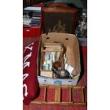 A box of miscellaneous and collectables including agate, wire bottle rack,