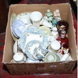 A good box of mixed ceramics and glass including C19th china teawares, Cranberry glass, Wedgwood,