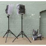 A pair of LED studio panel lights for photography on adjustable tripod stands and a pair of
