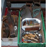 Two boxes of vintage tools to include hand saws, planes, chisels, spirit levels etc.