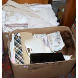 Two boxes of lace, linen, clothing patterns and handbags etc.
