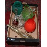 A small quantity of glassware including coloured examples and candlesticks etc.