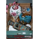 A box of mixed glass and ceramics including oriental style vase, drinking vessels,