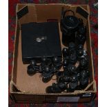 A box of mostly vintage binoculars including Kylos,