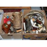 Two boxes of miscellaneous including a mantel clock, vintage world dolls, Aynsley, Shelley,