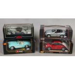 Four boxed Diecast metal model cars three by Burago and Maisto including Chevrolet, Mercedes-Benz,