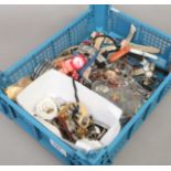 A box of mostly ladies quartz wristwatches and costume jewellery.