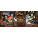 Three boxes of miscellaneous to include writing slope, Royal Crown Derby, wall mirrors,