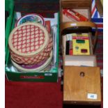 A box lot of sewing related items along with a cantilever sewing box.