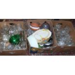 Three boxes of miscellaneous including advertising glasses, mixed pottery and metalwares etc.