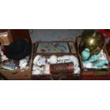 A vintage suitcase and two boxes containing miscellaneous to include C19th teaset,