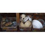 Three boxes of miscellaneous to include kitchenalia, tin hat box, vintage advertising tins,