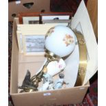 A box of miscellaneous including Russian porcelain animals, a gilt based tablelamp,