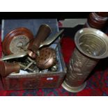 A collection of metalwares, brass log box, stickstand, brass ornaments etc.