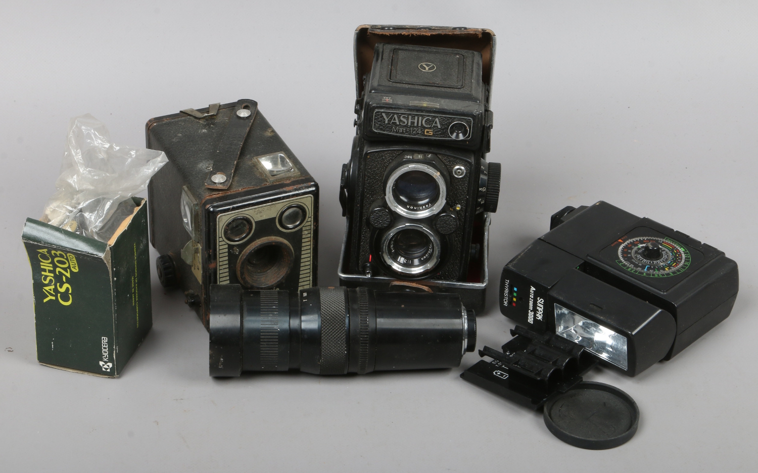 A Yashica TLR camera along with boxed Browning model D camera and similar items of photography