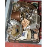 A box lot of metalwares silver plate cutlery, swing handle basket, copper kettle,