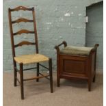 A Victorian inlaid mahogany piano stool along with a rush seat ladder back chair.