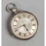 An antique silver fob watch with engraved silver dial having gilt Roman numeral markers.