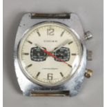 A gentlemans vintage Cimier stainless steel chronograph watch head with two subsidiary dials and