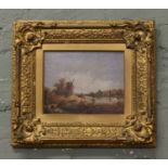A C19th gilt framed oil on panel, landscape scene of a windmill and figures boating.